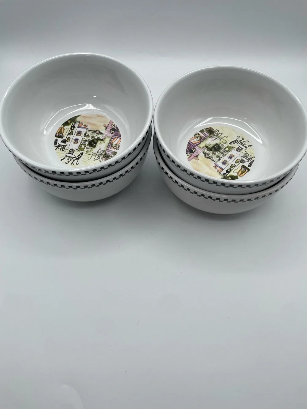 Set of 4 Bistro Cafe Scene Soup Bowls  6” Wide Black Check Border Ceramic